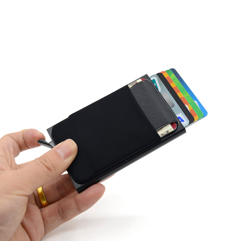 BONAMIE aluminiowy portfel z elastycznością powrót etui ID etui na karty kredytowe RFID Mini wąski portfel automatyczne wyskakujące etui na karty bankowe