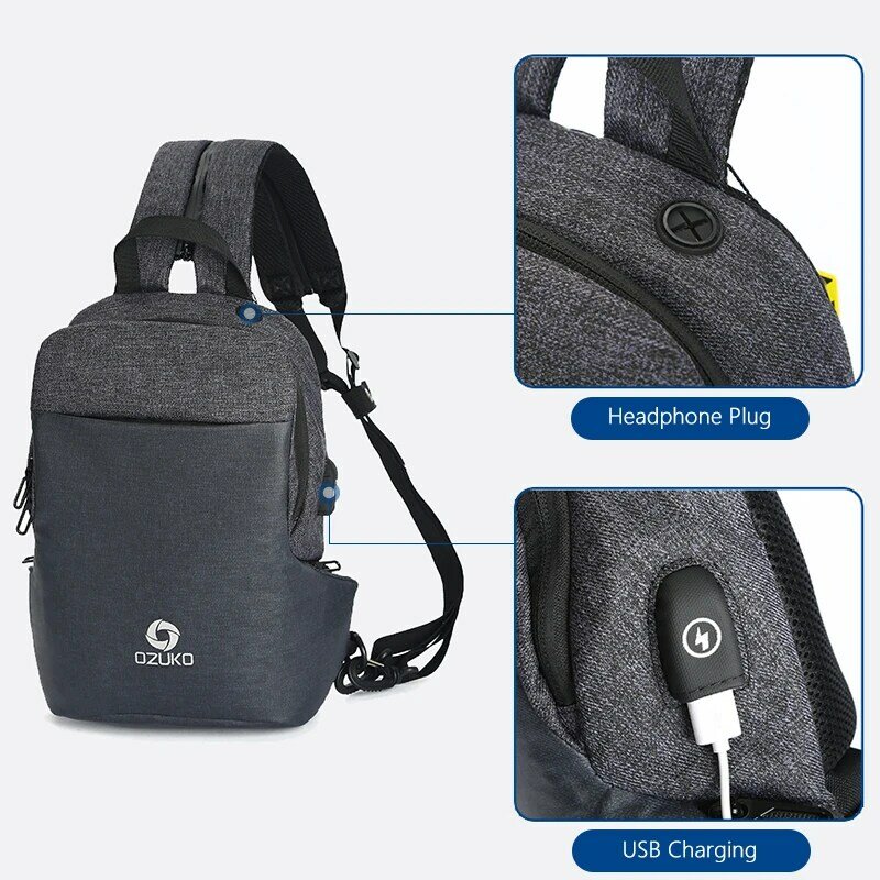 OZUKO-حقيبة صدر متعددة الوظائف للرجال ، حقيبة كروس مقاومة للماء للرجال ، حقيبة صدر مع شاحن USB للسفر