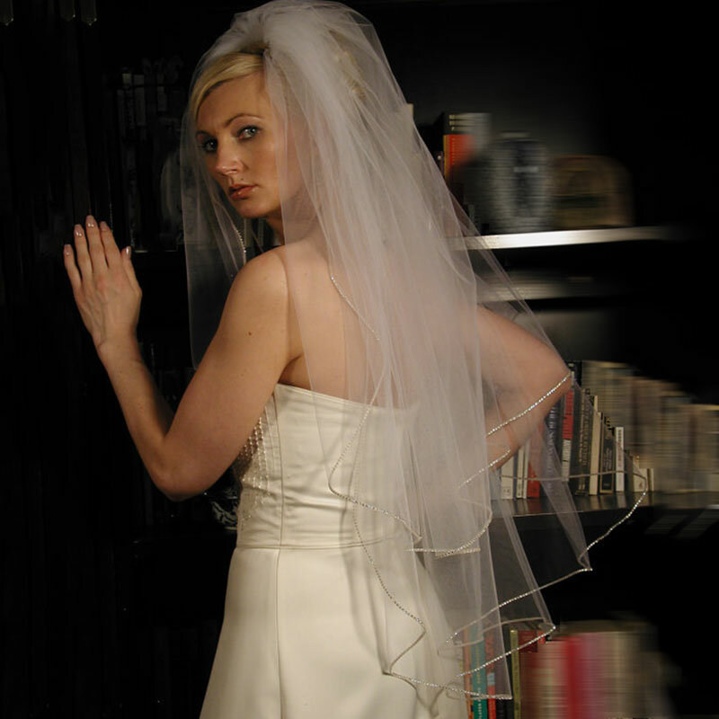 Venda de noiva veu com 2 camadas, véu de noiva com strass branco de marfim, comprimento da ponta do dedo, com pente