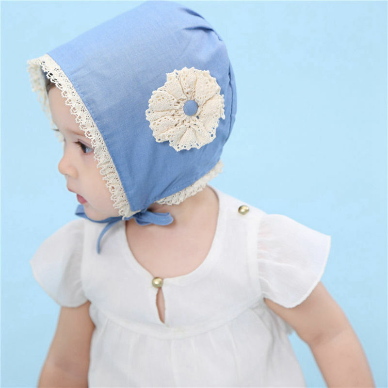 Anak Topi Bayi Perempuan Topi Biru dengan Bunga Sunbonnet Anak Spring Pembaptisan Topi Buatan Tangan Balita Topi Matahari