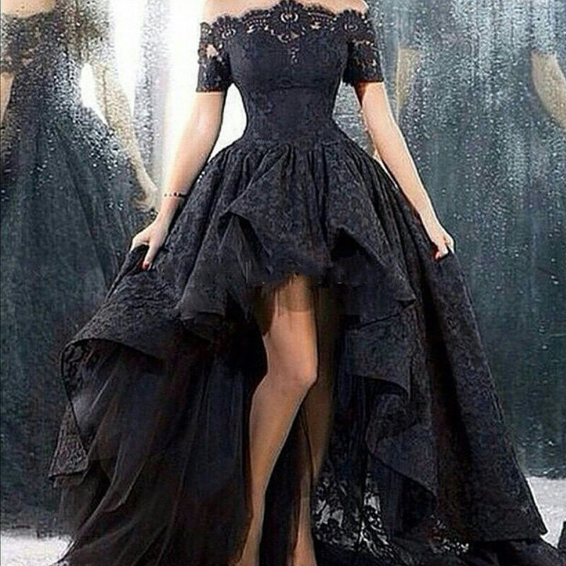 Charming Black Lace Evening Gown Hi Low Off the Shoulder Party Short Front Long Back Prom Evening Dress Vestido longo 2019