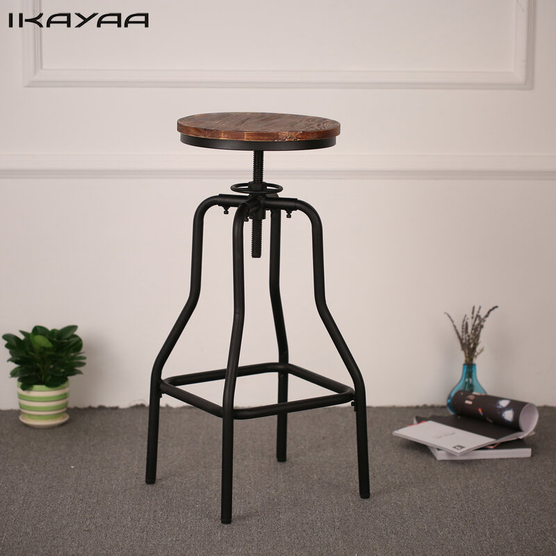 IKayaa ความสูงปรับหมุนเก้าอี้บาร์ธรรมชาติ Pinewood TOP เก้าอี้รับประทานอาหารสไตล์อุตสาหกรรมเฟอร์นิเ...