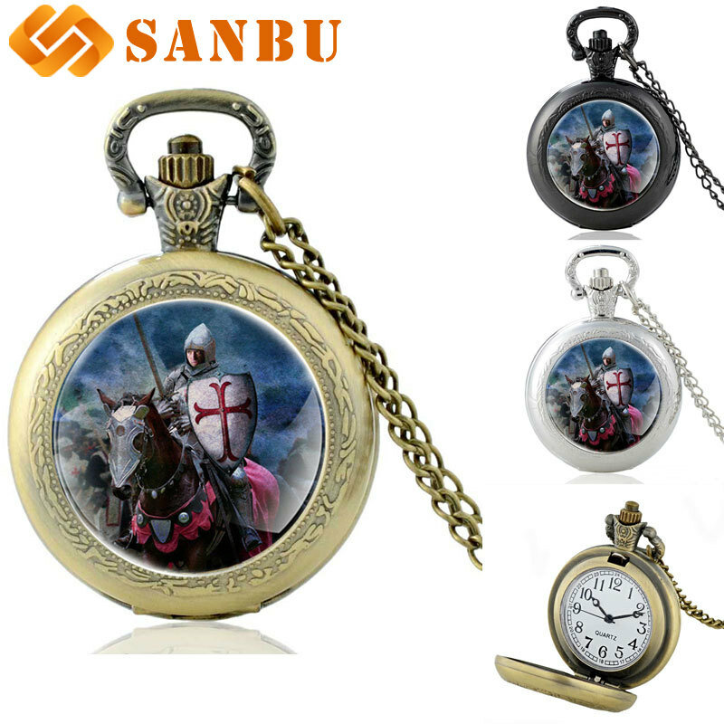 W stylu Vintage rycerz templariuszy zegarek kieszonkowy Retro mężczyźni kobiety brązowy kwarcowy naszyjnik naszyjnik biżuteria