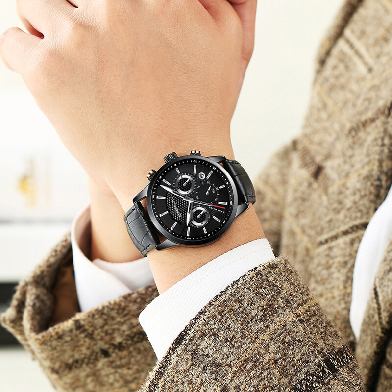 Relógio masculino crrju, relógio de pulso fashion multifuncional cronógrafo de couro clássico exibição de 24 horas