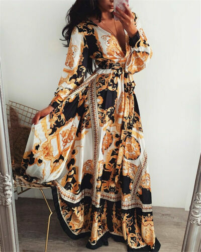 Женское длинное платье с запахом в стиле бохо, праздничный Сарафан Макси свободного кроя с цветочным принтом, V-образным вырезом и длинным р...