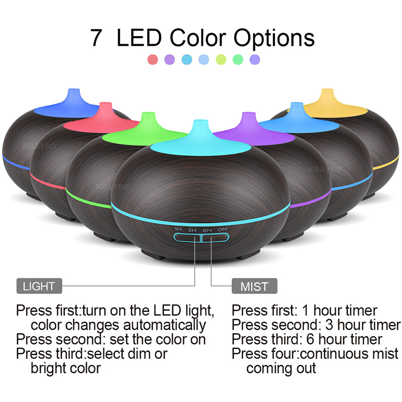 Umidificatore KBAYBO 550ml USB diffusore di aromi telecomando 7 colori che cambiano luci a LED purificatore d'aria per la casa