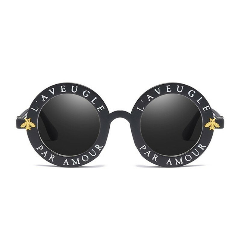 Óculos de sol retrô redondo feminino, óculos preto sexy de marca de designer em inglês com letras abelha e círculo na moda