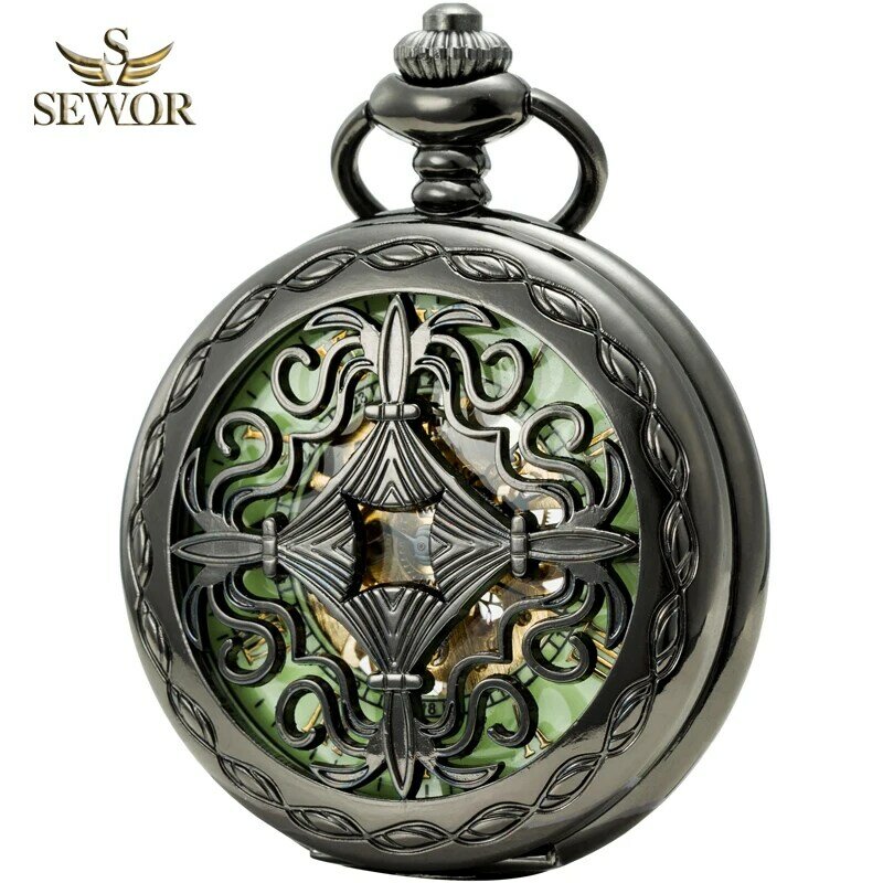 SEWOR-남성 특별 레트로 브라운 플라워 패턴 포켓 시계, 남성 패션 녹색 발광 다이얼 기계식 시계 C202