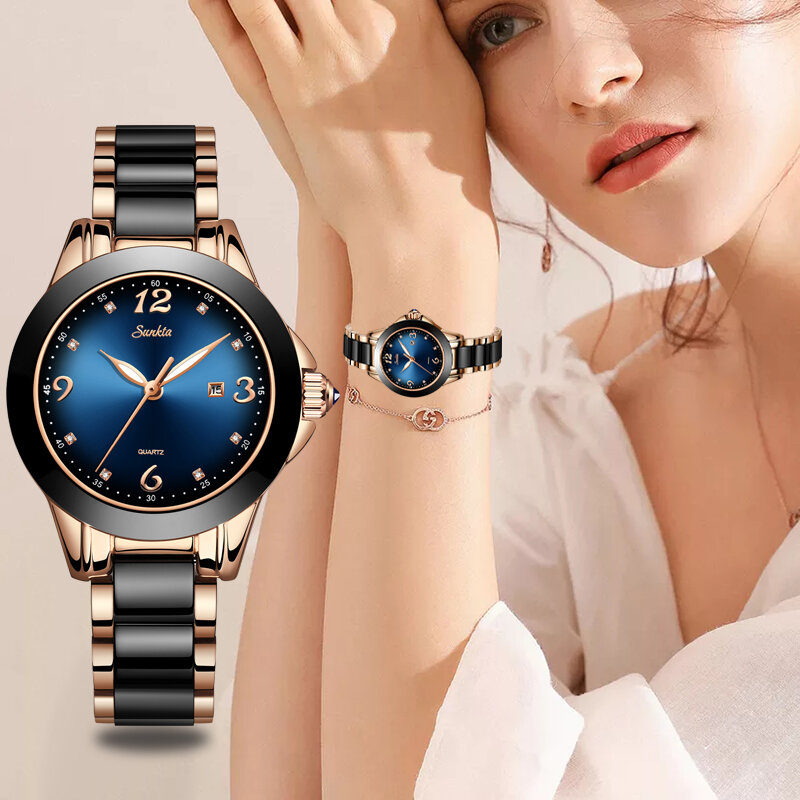 SUNKTA แฟชั่นผู้หญิงนาฬิกาข้อมือสุภาพสตรีแบรนด์หรู Rhinestone เซรามิคนาฬิกาควอตซ์ผู้หญิงกันน้ำสีฟ้...