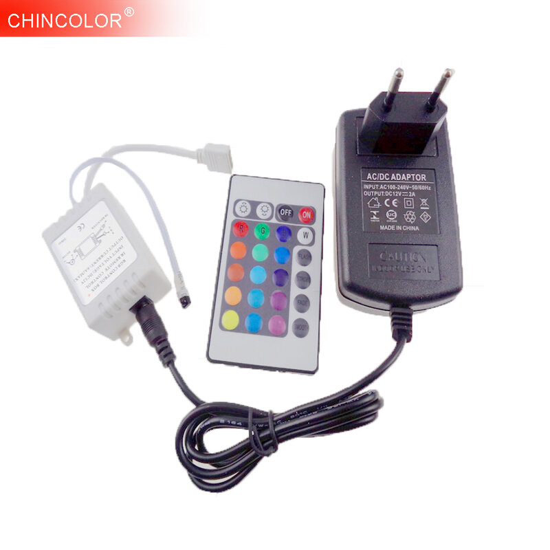 Controlador RGB + adaptador de fuente de alimentación de 12V 2A, mando a distancia IR de 24 teclas, cable inalámbrico EU US para tira de luces LED RGB 5050 3528 3014 UW
