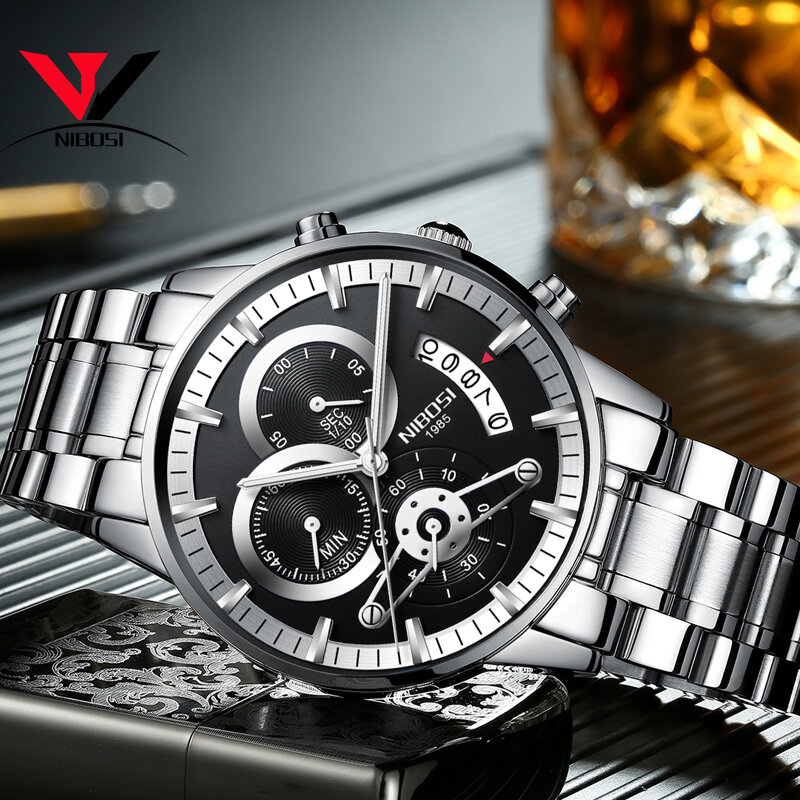 NIBOSI-reloj analógico de acero inoxidable para hombre, accesorio de pulsera de cuarzo resistente al agua con calendario, complemento masculino deportivo de marca de lujo con diseño militar, disponible en color negro y plateado