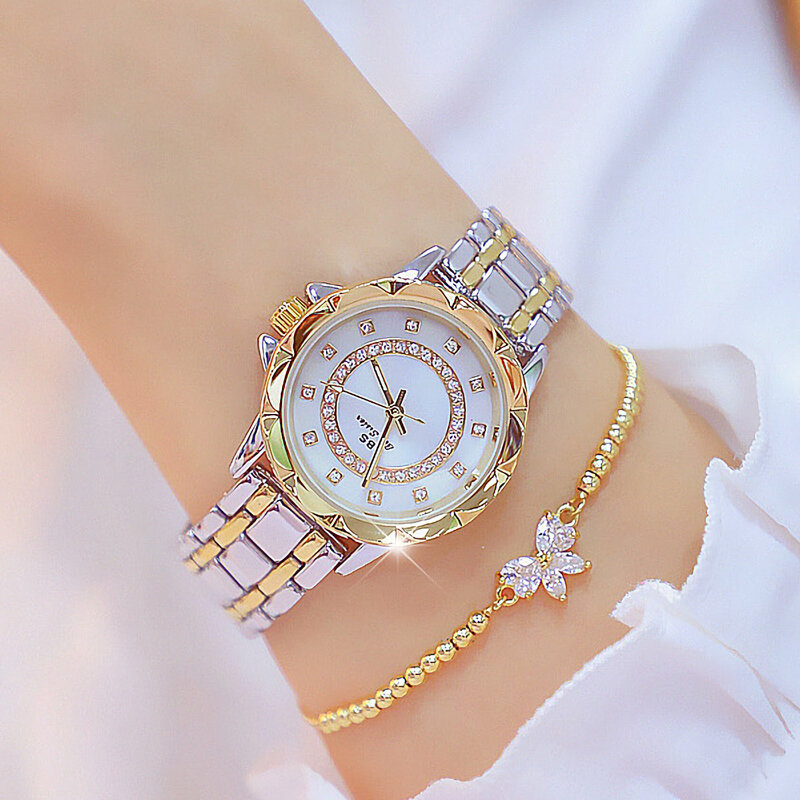 Bs fashionwomen assista marca de luxo senhoras rosa ouro diamante vestido relógios mulher vestido relógio meninas presente relojes feminino