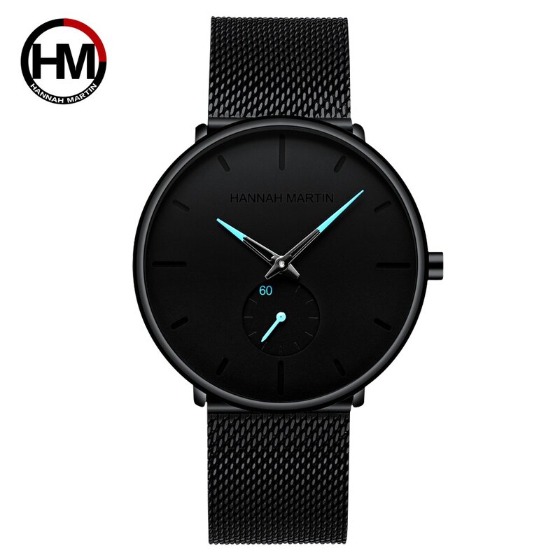 Hannah Martin Ultra mince analogique montres hommes classique noir acier chronographe montre d'affaires unisexe minimaliste montre-bracelet Relogio
