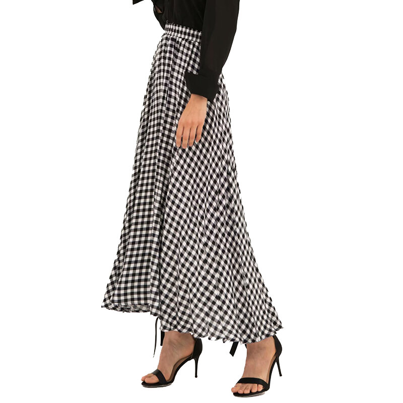 Женская длинная юбка в шотландскую клетку, черно-белая плиссированная юбка с высокой талией и широким подолом, лето 2019