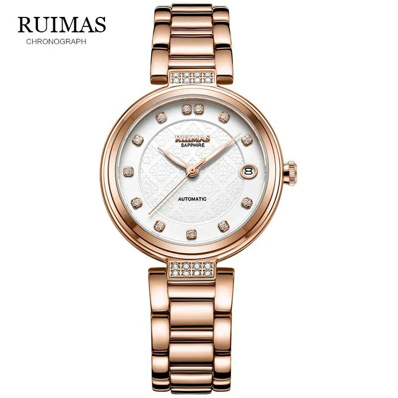 RUIMAS-Reloj de pulsera clásico para mujer, sencillo, automático, de acero inoxidable, con esfera Rosa, con fecha automática, mecánico, femenino