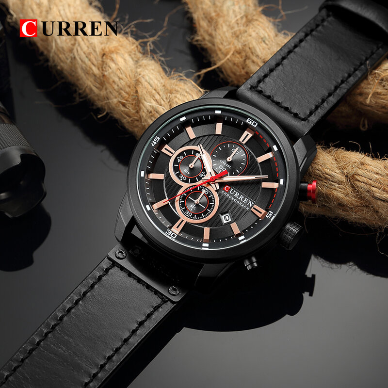 Curren negócios relógio masculino clássico pulseira de couro preto cronógrafo relógio de pulso moda à prova dwaterproof água com data exibição relogio