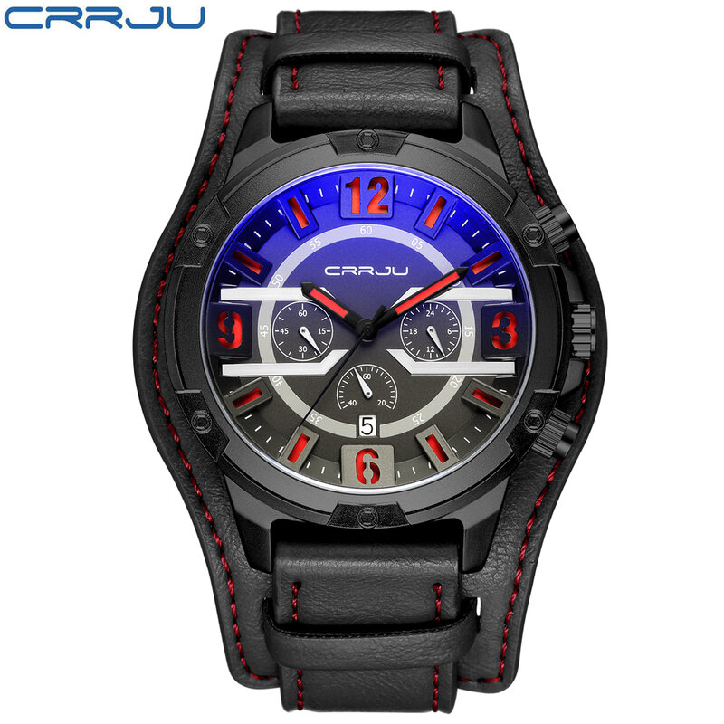 CRRJU-reloj deportivo de cuarzo para hombre, cronógrafo de marca de lujo, de cuero, resistente al agua, nuevo