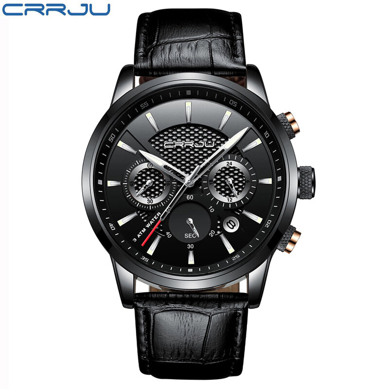 أفضل العلامة التجارية الفاخرة CRRJU رائجة البيع الرجال ساعة الموضة متعددة الوظائف كرونوغراف ساعة يد بحزام من الجلد الكلاسيكية 24 ساعة العرض