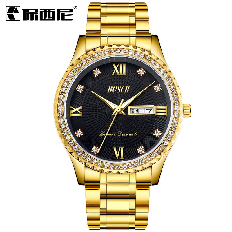 Relógio masculino luxuoso 2020, relógio de pulso luminoso de ouro e diamante, de aço de quartzo com calendário