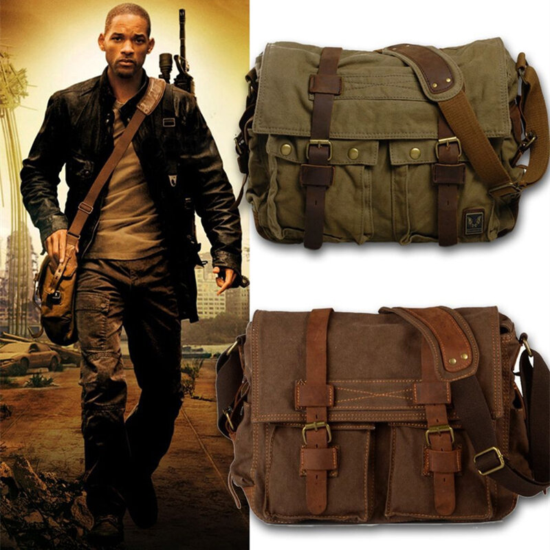 Burminsa płótno skórzane męskie Messenger torby jestem legendą Will Smith duże teczki torby na ramię mężczyzna teczka na laptopa torba podróżna