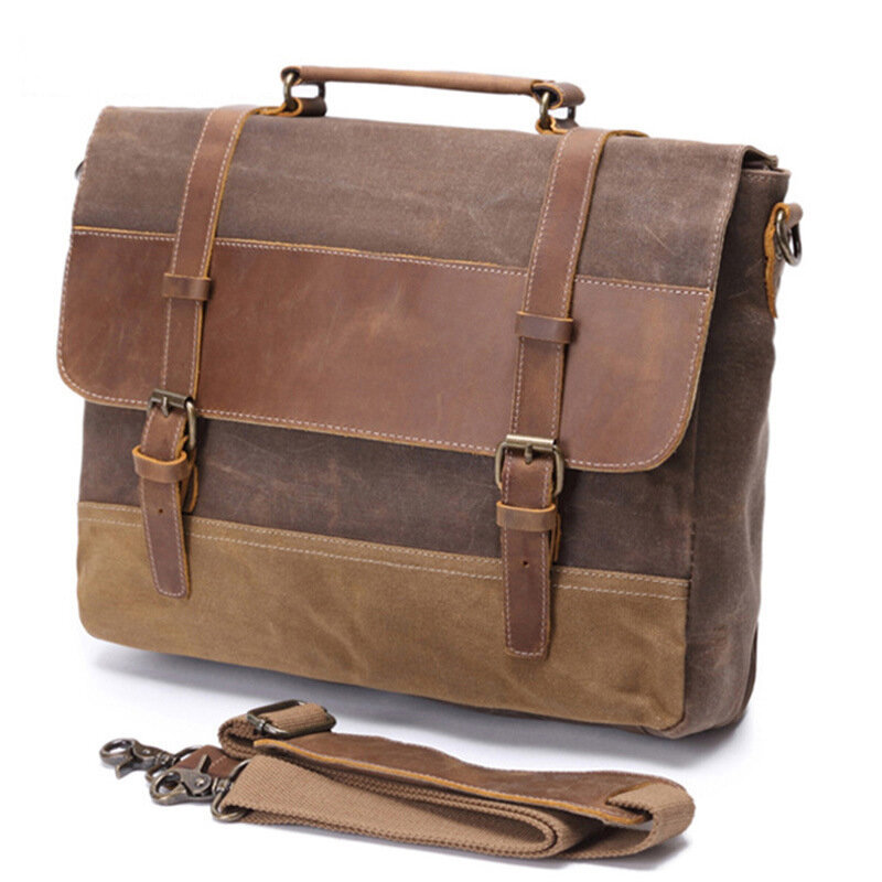 Briefcase Leather Men Briefcase Genuine Leather  Waterproof Canvas Men Briefcase Laptop Bags