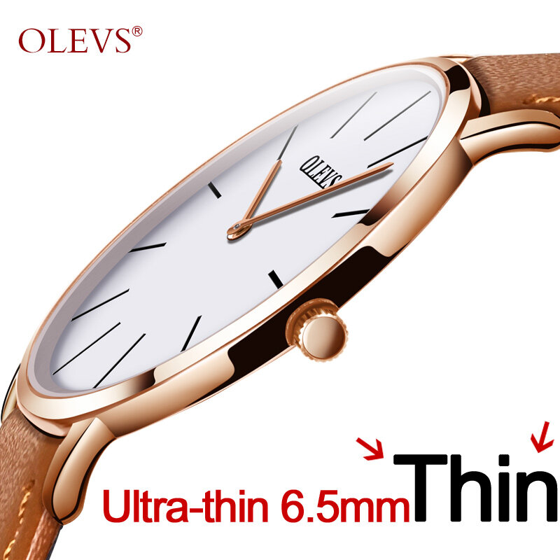 OLEVS-Reloj de pulsera ultradelgado para hombres y mujeres, cronógrafo de cuero y cuarzo con diseño de esfera ultradelgada, resistente al agua, regalos románticos, 50% de descuento