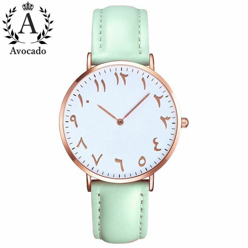 Algarismos árabes relógio de quartzo rosa ouro verde pulseira de couro relógio feminino