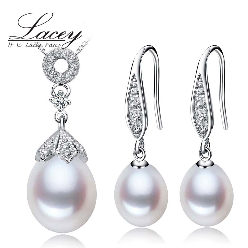 Ensembles de bijoux en perles d'eau douce naturelles blanches, ensembles de bijoux en perles réelles, ensembles de collier de boucles d'oreilles en argent 925 pour femmes