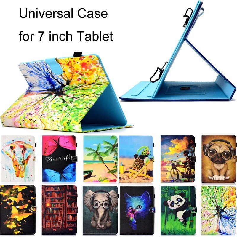 Universele 7 "Tabletten Funda voor 7 inch Luxe Cartoon Print Leather Wallet Magnetic Flip Case Cover Coque Shell Volledige skin Stand