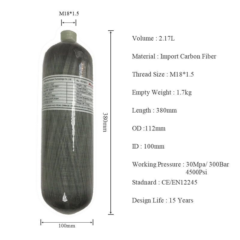 خزان ألياف الكربون Acecare 2.17L, خزان ألياف الكربون Acecare 2.17L اسطوانة 4500psi مع صمام محطة تعبئة M18 * 1.5 تحت الماء الغوص كرات الطلاء الصيد رائجة البيع