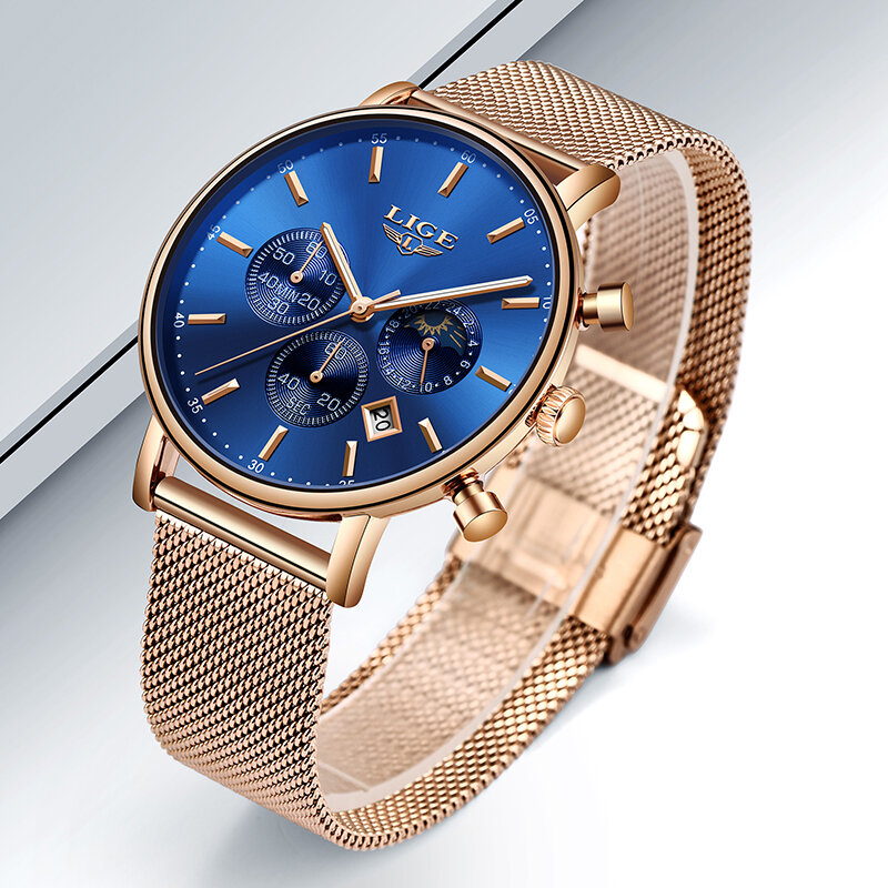 LIGE – Montre-bracelet de luxe pour femmes, à Quartz, en or Rose et bleu, décontractée, à la mode, cadeau