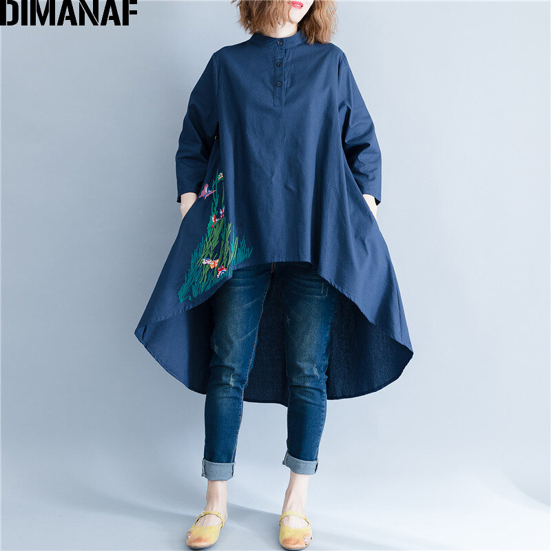 DIMANAF Frauen Bluse Hemd Langarm Leinen Dünne Top Herbst Stickerei Femme Dame Große Lose Große Kleidung Casual Plus Größe 2XL