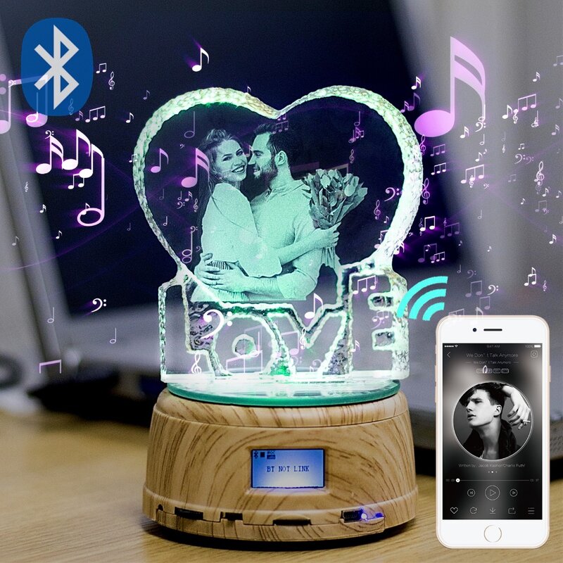 Foto Kustom Hadiah LED Bingkai Foto RGB Lampu Kristal MP4 Bluetooth Musik Kotak Album RGB Rotating Perhiasan Display Meja Putar