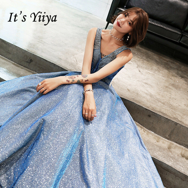 It's YiiYa Evening Dress Fashion Shining Sky Blue V-neck LIttle Train Party Gown Sleeveless Lace Up Elegant Formal Dresses E072