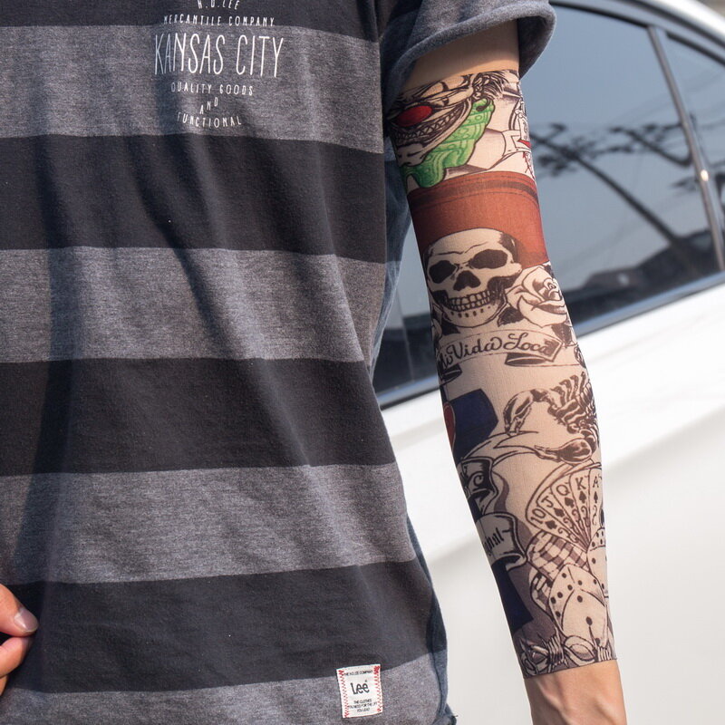Mangas de tatuagem falsas temporária, 5 peças, malha de nylon elástica com estampas descoladas, braços do corpo, para homens e mulheres, frete grátis
