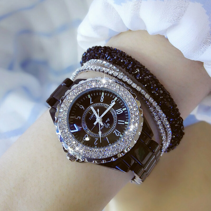2018 relógio de pulso de marca de luxo feminino, relógio com pulseira de cerâmica à quartzo com strass nas cores branco e preto