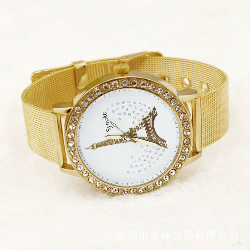 Gran oferta de relojes de diamantes de imitación para mujer, reloj de pulsera de cuarzo con esfera dorada de cristal y Torre Eiffel, regalo para mujer