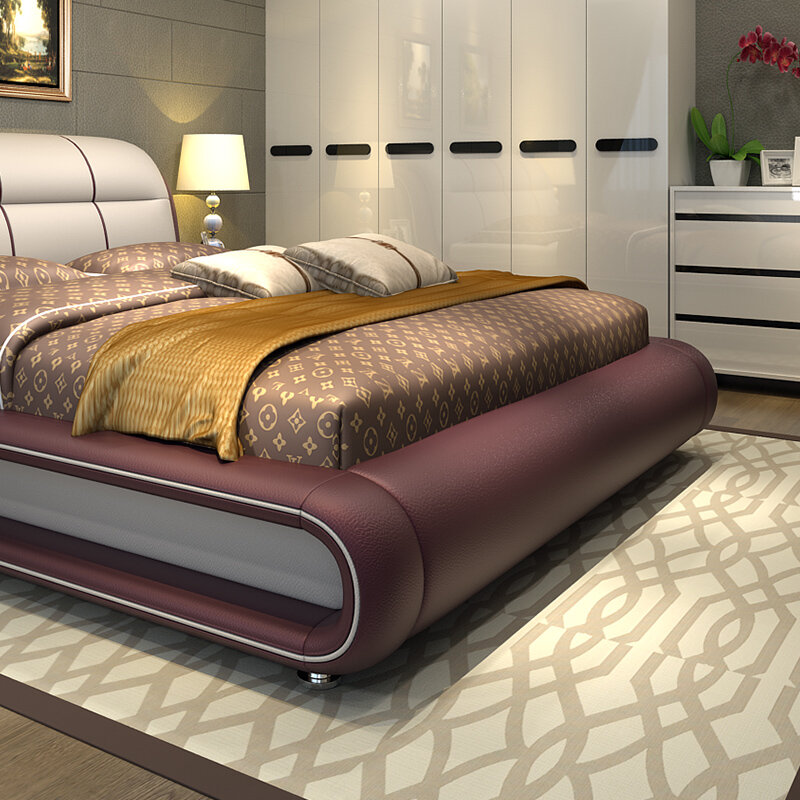 Muebles de dormitorio modernos, cama con piel auténtica, M01