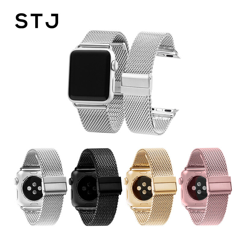 STJ-Correa de reloj milanesa de acero inoxidable para Apple Watch Series 1/2/3, correa de pulsera de 42mm y 38mm para iwatch series 4, 40mm y 44mm