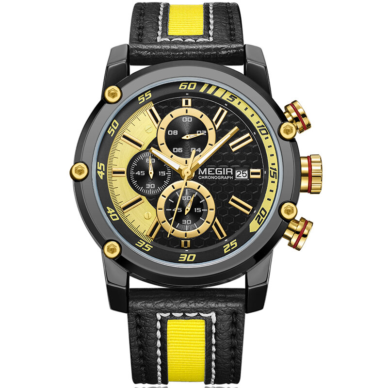 MEGIR-reloj de cuarzo deportivo para hombre, cronógrafo de pulsera de cuero, resistente al agua, 24 horas