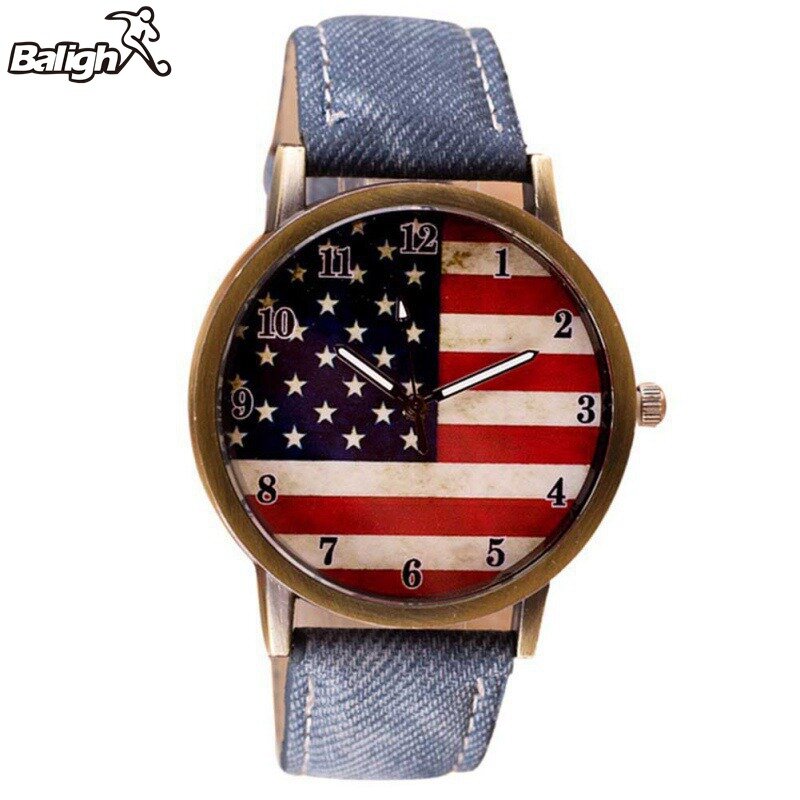 ساعة كوارتز فاخرة للجنسين ، إكسسوار أزياء للزوجين ، مع حزام جلدي ونمط العلم الأمريكي