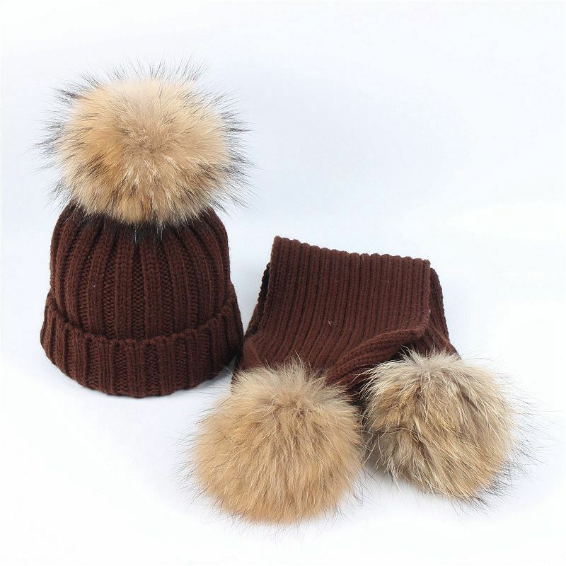 Inverno 2 peças conjunto crianças chapéu de inverno cachecol para meninas chapéu de pele de guaxinim real pom pom beanies crianças boné de malha chapéu atacado