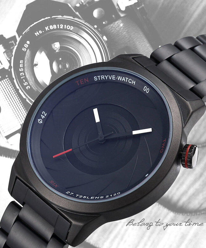 ساعة يد رجالية سوداء بحزام فولاذي ، عدسة كاميرا فاخرة ، غير رسمية ، عصرية ، 2020