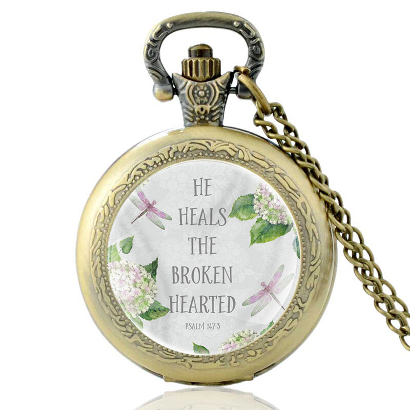 Versetto della bibbia heals the brokenhearted (salmo 147:3) orologio da tasca al quarzo in bronzo Vintage classico uomo donna regalo cristiano