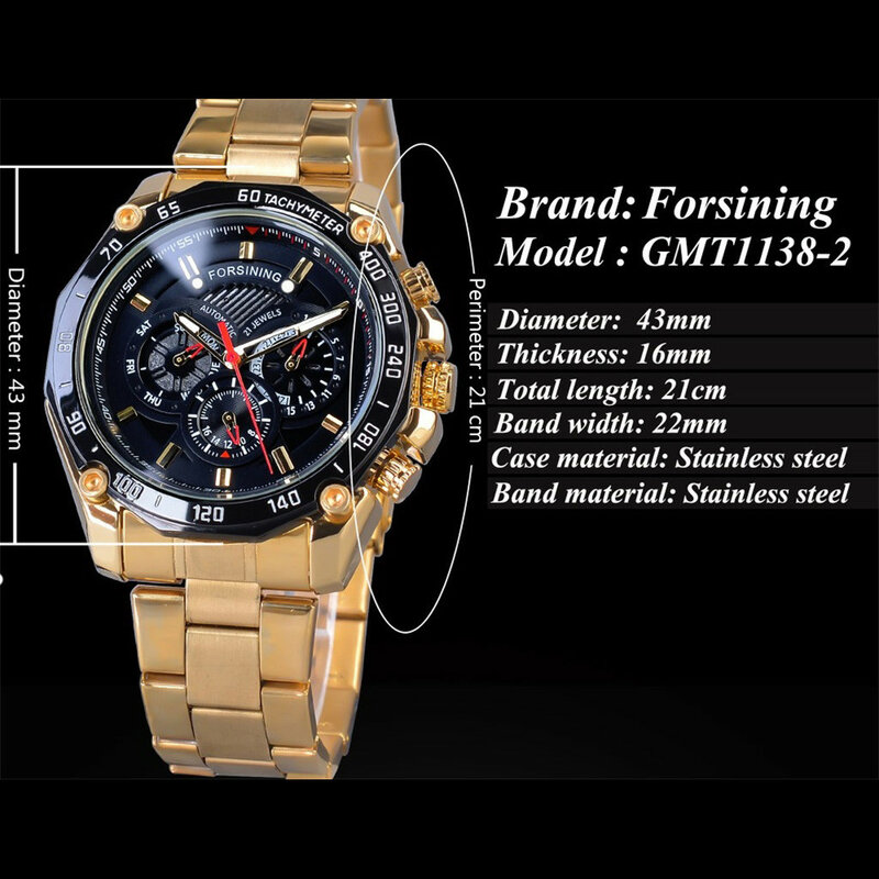 FORSINING Fashion Luxury Men Watch Waterproof Three Eye Six Needle Automatic Mechanical Men's Steel Belt Mechanical Wrist Watch