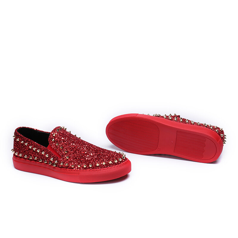 Zapatos de cuero con remaches para hombre, mocasines masculinos de marca de lujo, de alta calidad, con fondo rojo, novedad