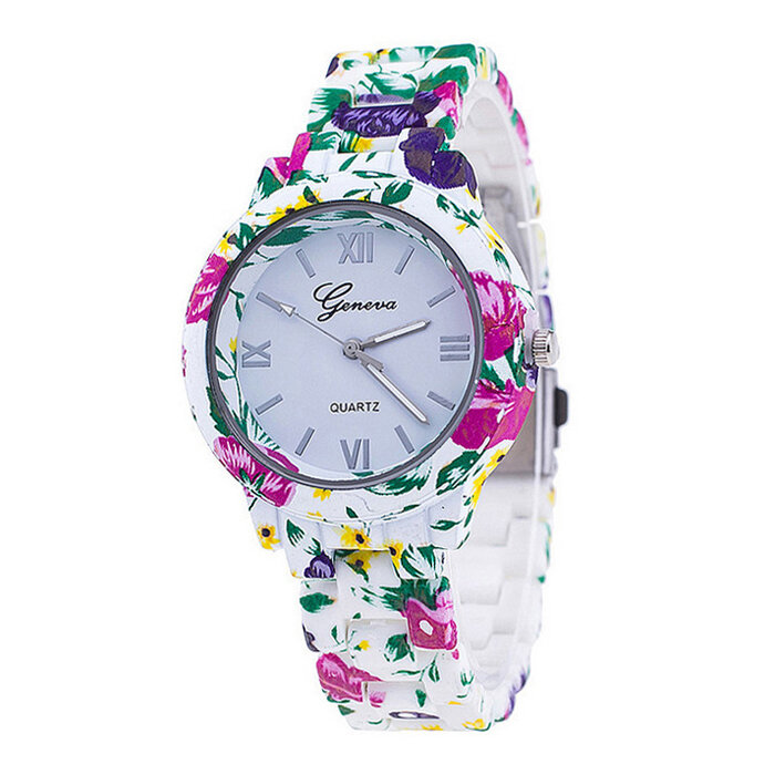 Relógio geneva platina flor plástica, relógio analógico feminino quartz