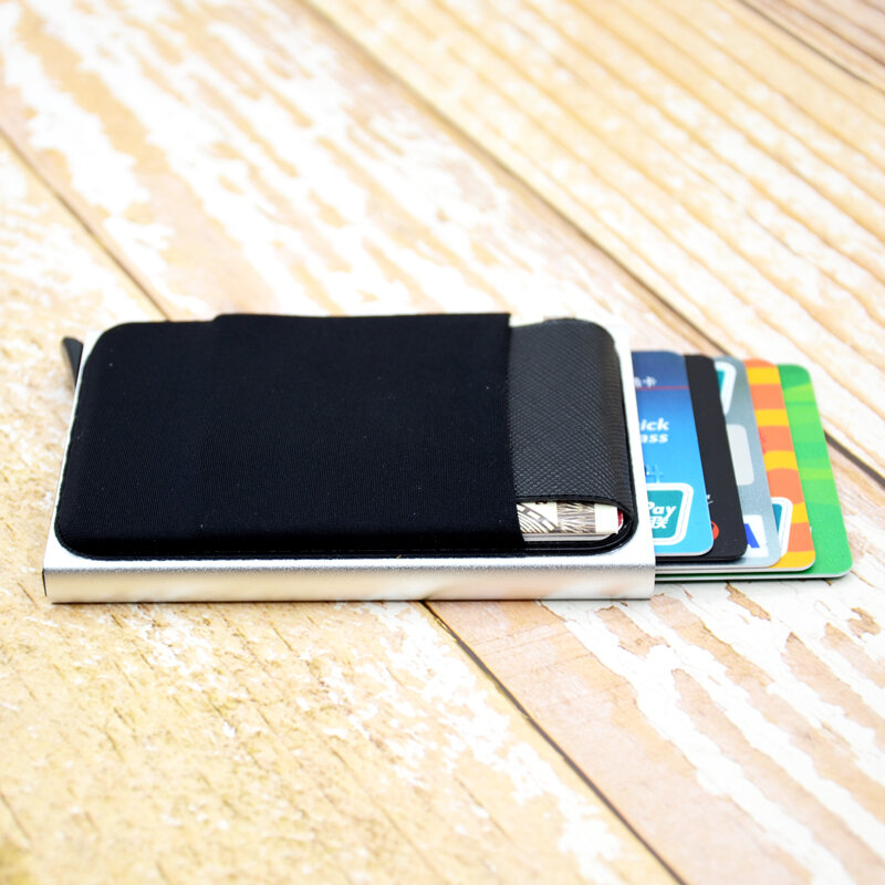 BONAMIE Slim aluminiowy portfel z elastycznością powrót etui ID etui na karty kredytowe Mini portfel RFID automatyczne wyskakujące etui na karty bankowe