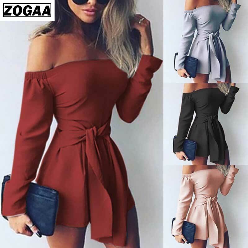 Zogaa verão slash neck macacão feminino sexy bodysuit arco playsuit manga longa catsuit algodão macacão das senhoras