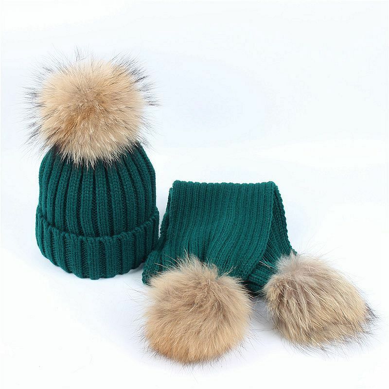 Inverno 2 peças conjunto crianças chapéu de inverno cachecol para meninas chapéu de pele de guaxinim real pom pom beanies crianças boné de malha chapéu atacado